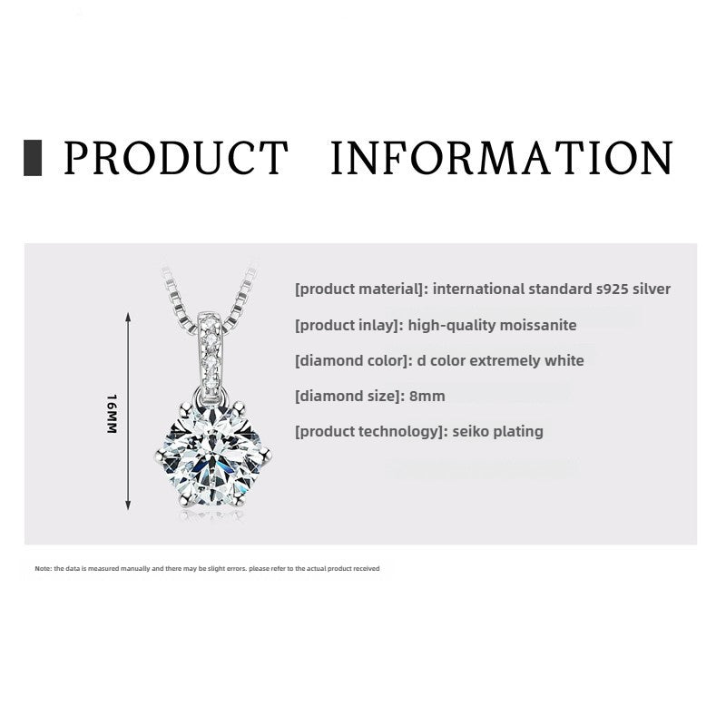 Women's D Color Moissanite  Pendant Necklace Jewelry: Classic Six-Claw 925 Silver Necklace for Wholesale