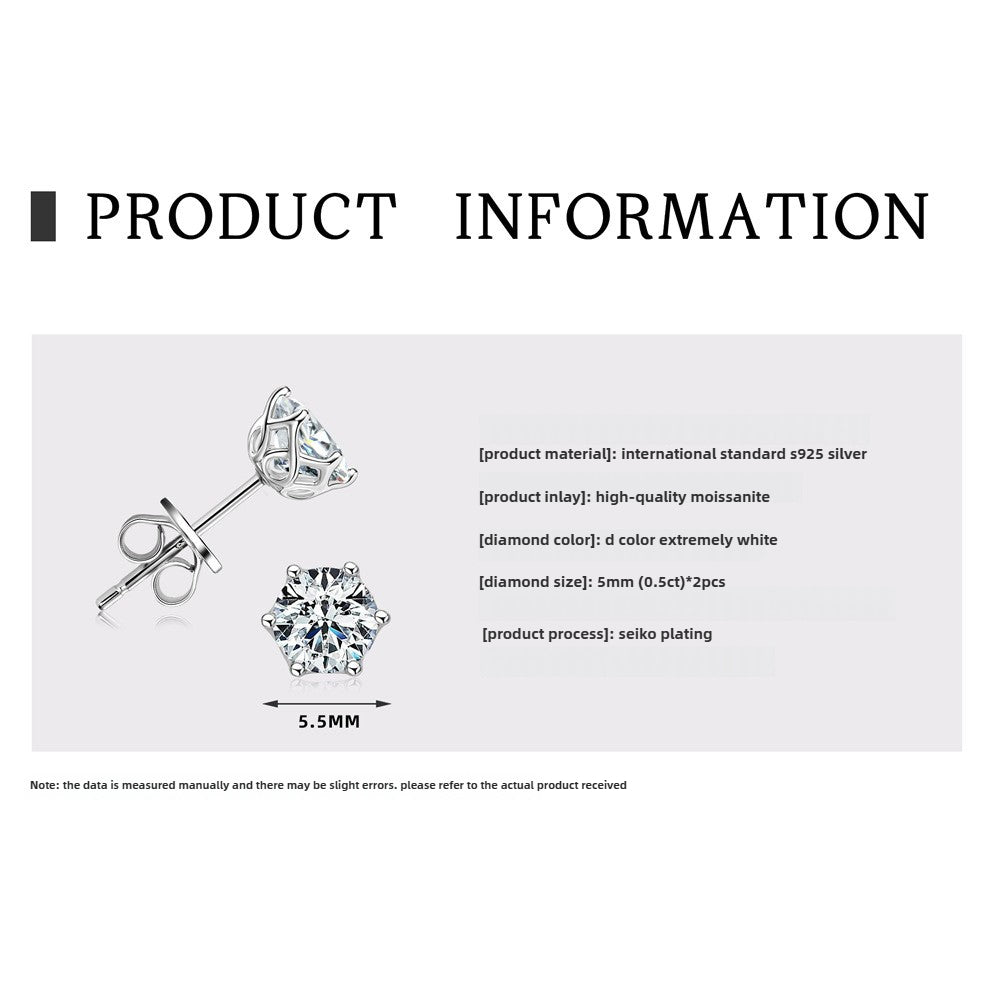 Stunning Fashion Women's Jewelry - Six-Claw Moissanite Earrings in S925 Sterling Silver, Perfect Birthday Gift for Girls.