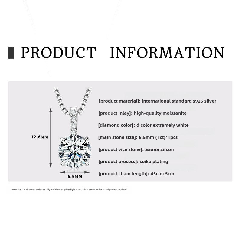 Women's D Color Moissanite  Pendant Necklace Jewelry: Classic Six-Claw 925 Silver Necklace for Wholesale