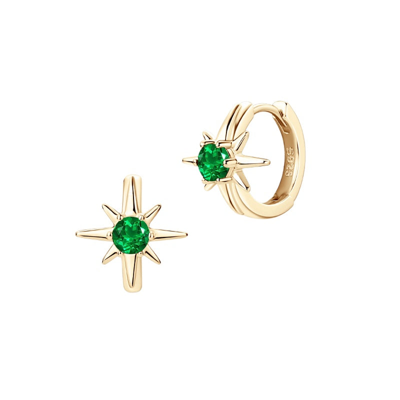 Vintage Emerald Star Hoop Earrings - S925 Silver Octagram Earrings for Ladies  Party Jewelry for Women.