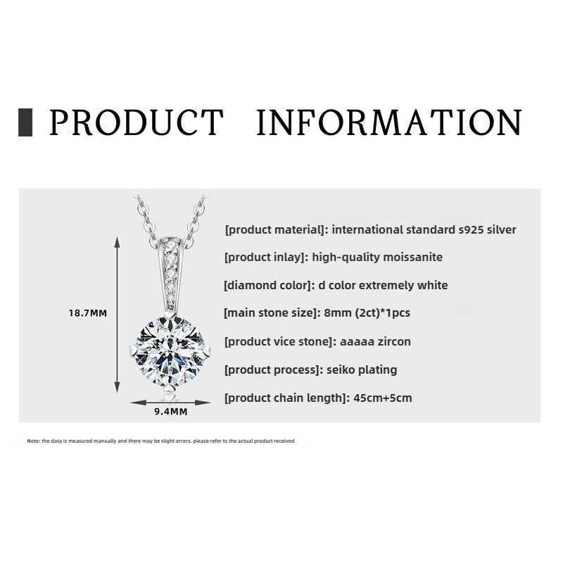 Women's D Color Moissanite  Pendant Necklace Jewelry: Classic Six-Claw 925 Silver Necklace for Wholesale