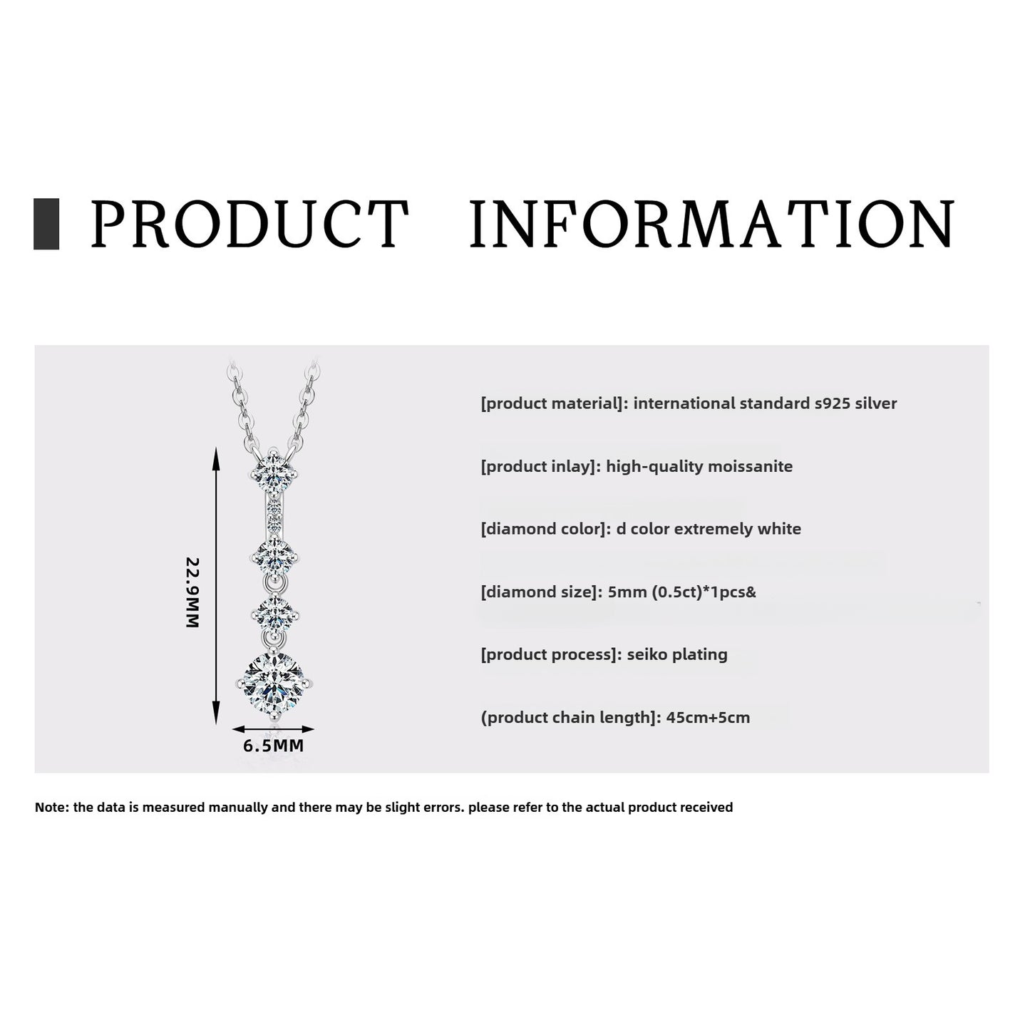 Stylish Ladies  Classic Silver Jewelry Elegant S925 Sterling Silver Necklace Chain Moissanite Pendant  Necklace for Women.