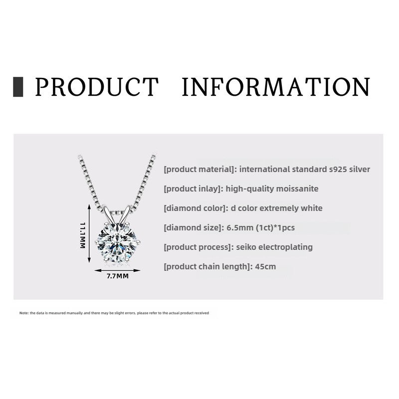 Women's D Color Moissanite  Pendant Necklace Jewelry: Classic Six-Claw 925 Silver Necklace for Wholesale