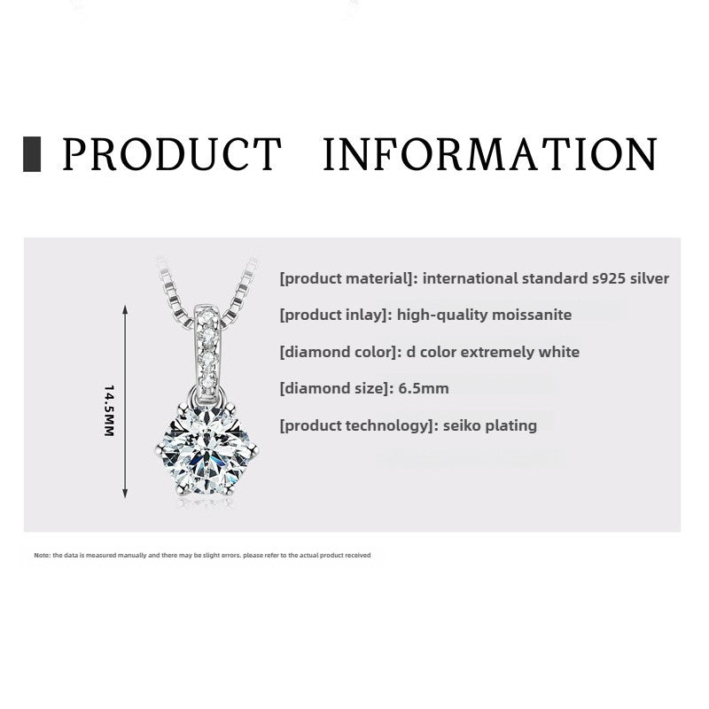 Women's D Color Moissanite  Pendant Necklace Jewelry: Classic Six-Claw 925 Silver Necklace for Wholesale