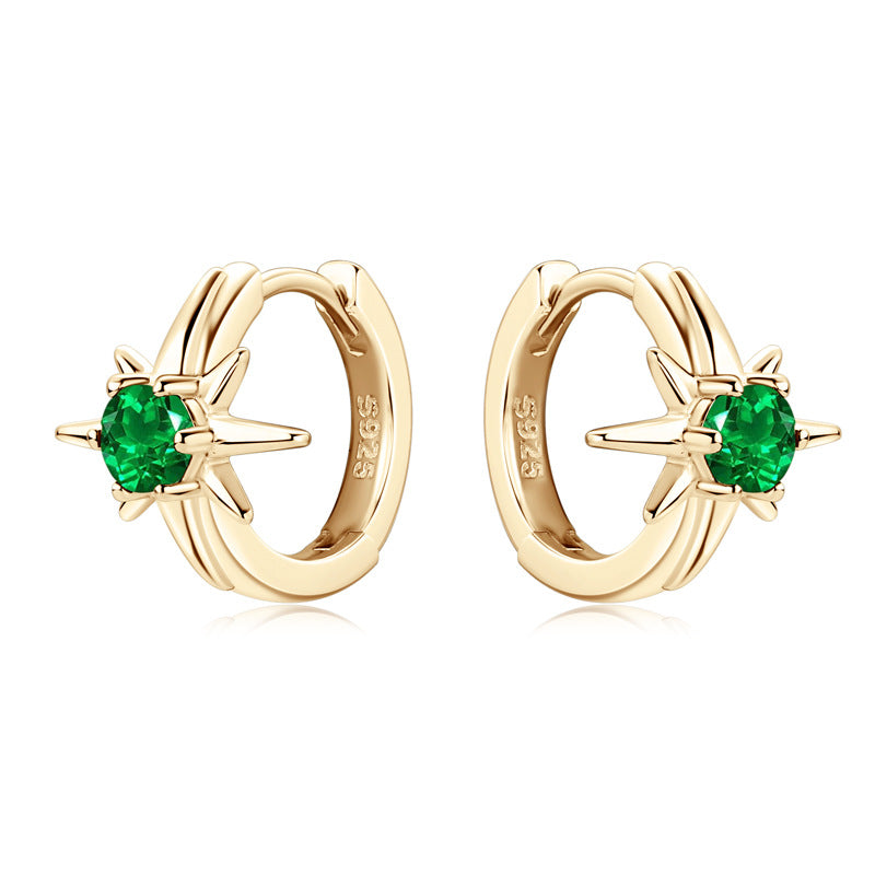 Vintage Emerald Star Hoop Earrings - S925 Silver Octagram Earrings for Ladies  Party Jewelry for Women.