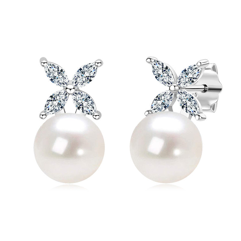 Fashion Silver Jewelry for Women New Natural Pearl Stud Earrings, Four-leaf Clover Design S925 Sterling Silver Zircon  Earrings for Girls Festival Gifts.