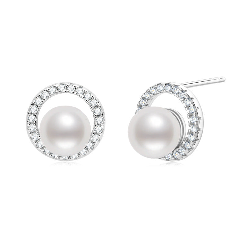 Women's Light Luxury Jewelry: Unique Stylish Pearl Sterling Silver Circle Earrings Girl Holiday Gift.