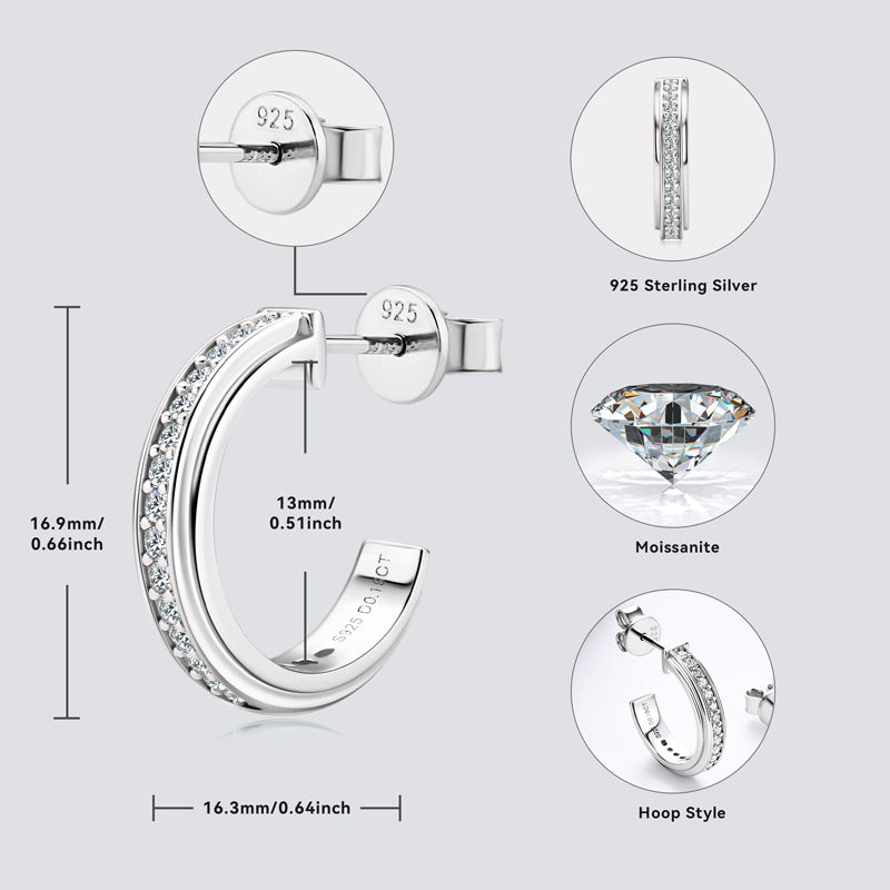 Fashion Girls Silver Jewelry, Simple Stylish Women's Silver Hoop Earrings with Four-Claw Set Moissanite Gems for Any Occasion.