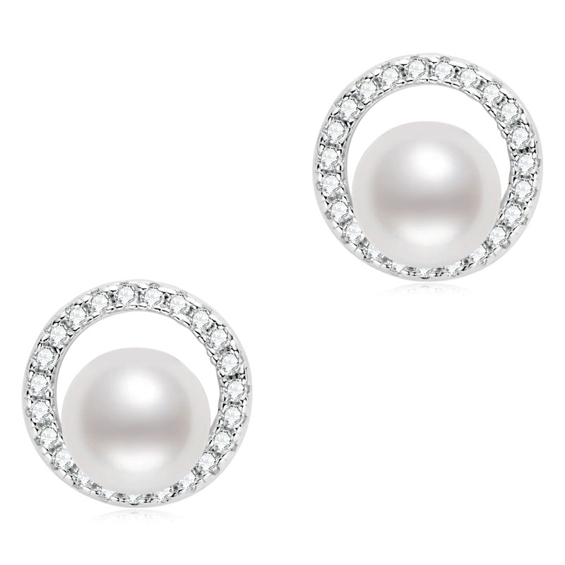 Women's Light Luxury Jewelry: Unique Stylish Pearl Sterling Silver Circle Earrings Girl Holiday Gift.