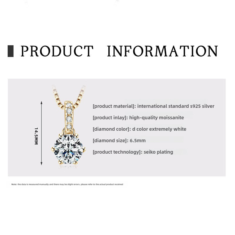 Women's D Color Moissanite  Pendant Necklace Jewelry: Classic Six-Claw 925 Silver Necklace for Wholesale