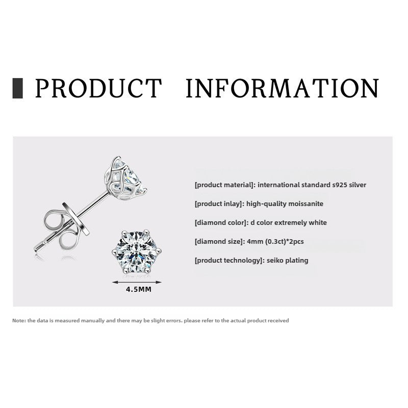 Stunning Fashion Women's Jewelry - Six-Claw Moissanite Earrings in S925 Sterling Silver, Perfect Birthday Gift for Girls.