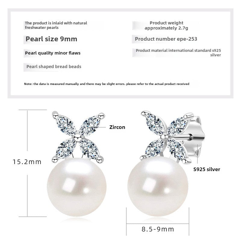 Fashion Silver Jewelry for Women New Natural Pearl Stud Earrings, Four-leaf Clover Design S925 Sterling Silver Zircon  Earrings for Girls Festival Gifts.