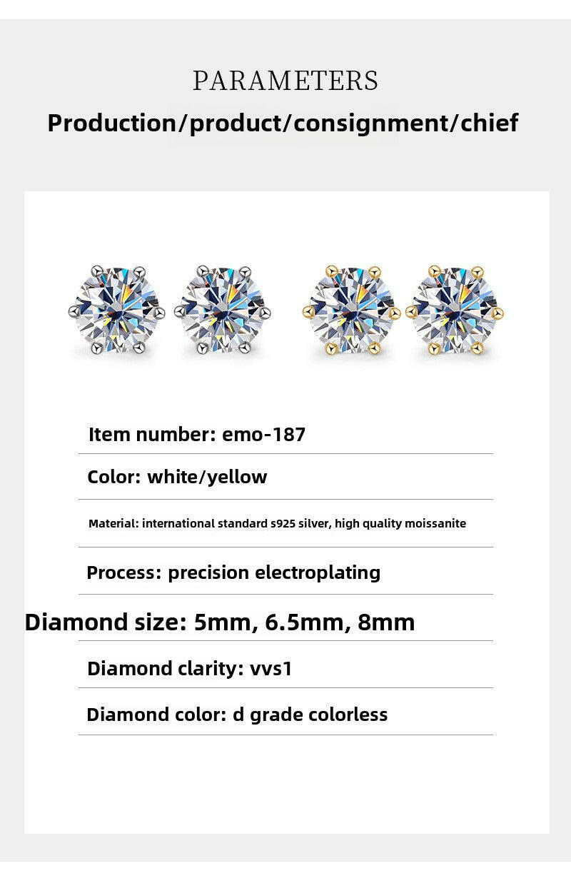 Classic Ladies Jewelry, Six-Claw Moissanite Stud Earrings Design S925 Sterling Silver  Ear Jewelry Earrings for Girls.